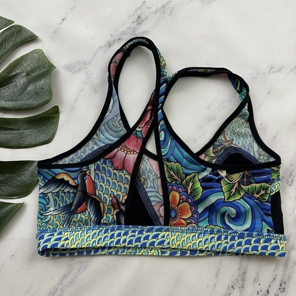 Luli Fama Fit Womens Sport Bra Size S Blue Black Retro Tattoo Print Mesh - Picture 4 of 5